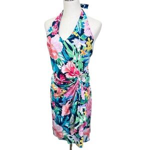 Tommy Bahama Navy Floral Halter Midi Dress with Pink & Green Accents